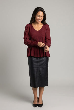Burgundy | Textured Long Sleeve Ruched Blouse