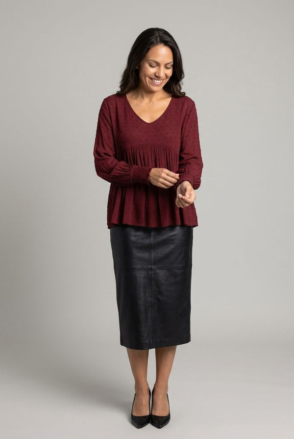 Burgundy | Textured Long Sleeve Ruched Blouse