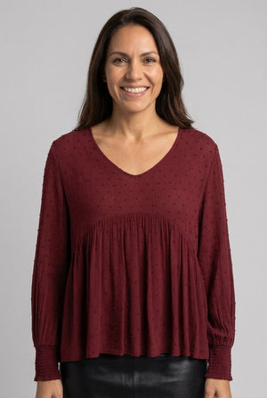 Burgundy | Textured Long Sleeve Ruched Blouse
