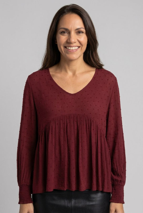 Burgundy | Textured Long Sleeve Ruched Blouse