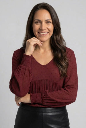 Burgundy | Textured Long Sleeve Ruched Blouse