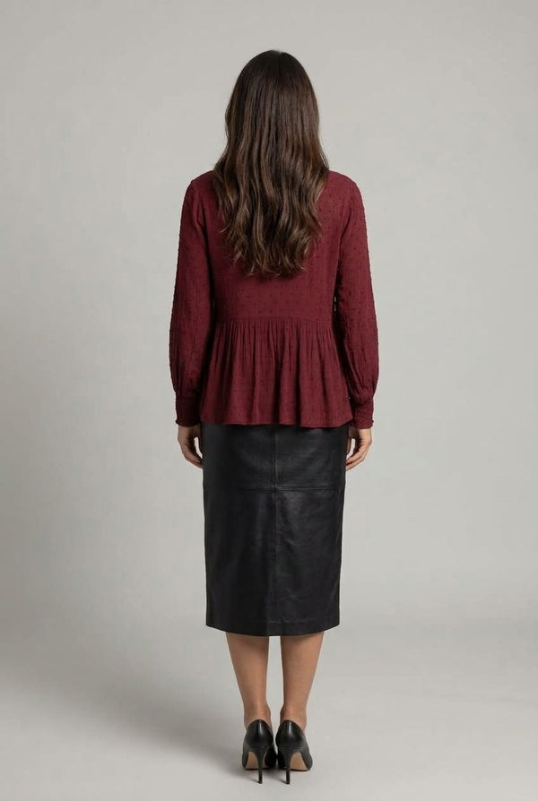 Burgundy | Textured Long Sleeve Ruched Blouse