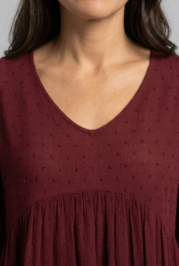 Burgundy | Textured Long Sleeve Ruched Blouse