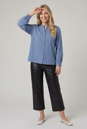 Blue | Pinstriped Long Sleeve Collarless Shirt