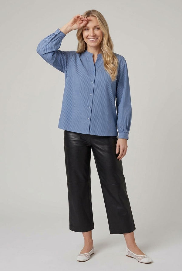 Blue | Pinstriped Long Sleeve Collarless Shirt