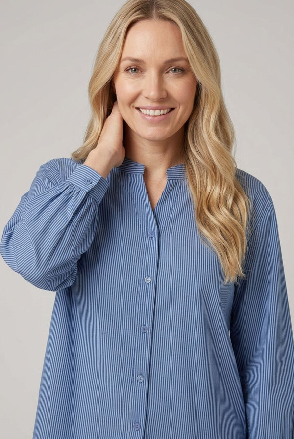 Blue | Pinstriped Long Sleeve Collarless Shirt