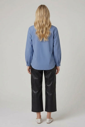 Blue | Pinstriped Long Sleeve Collarless Shirt
