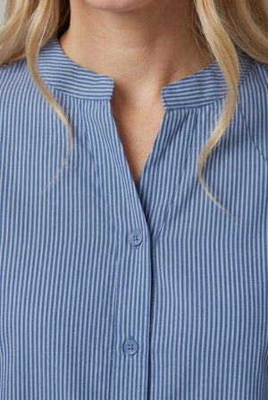 Blue | Pinstriped Long Sleeve Collarless Shirt