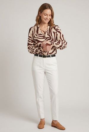 Beige | Abstract Long Sleeve Tie Neck Shirt