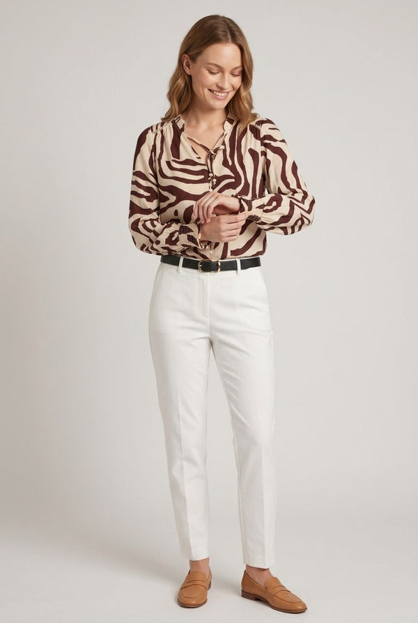 Beige | Abstract Long Sleeve Tie Neck Shirt