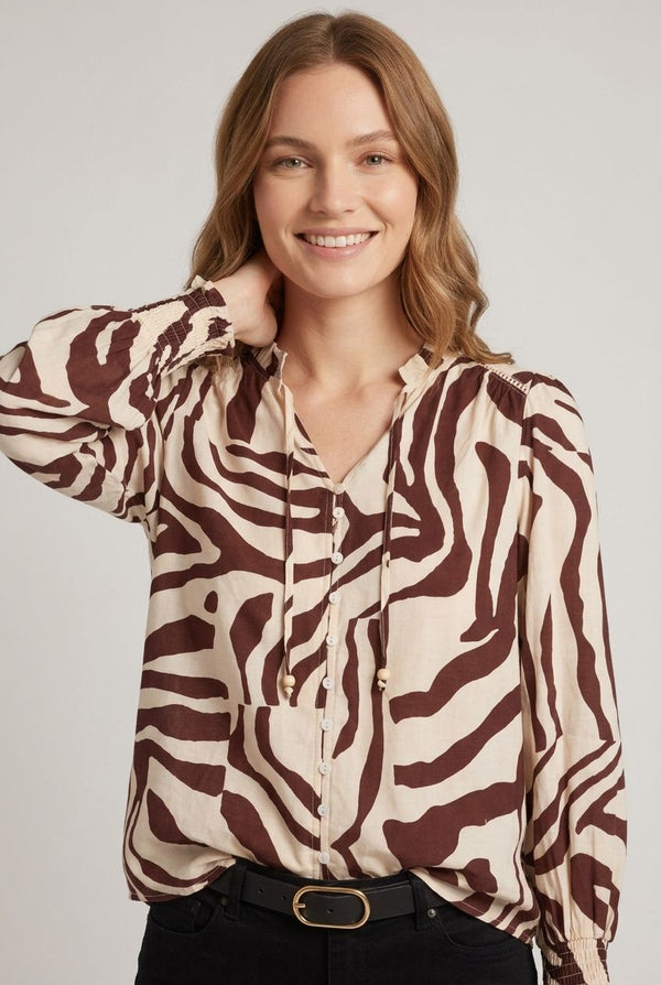 Beige | Abstract Long Sleeve Tie Neck Shirt