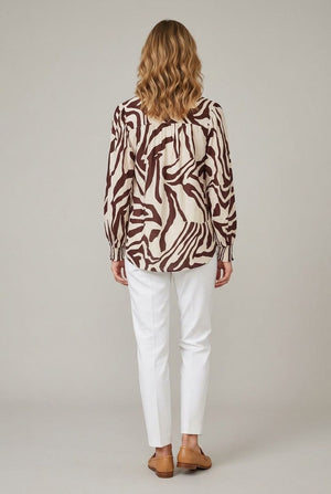 Beige | Abstract Long Sleeve Tie Neck Shirt