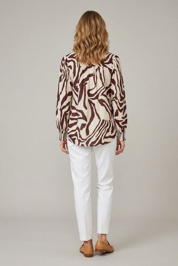 Beige | Abstract Long Sleeve Tie Neck Shirt