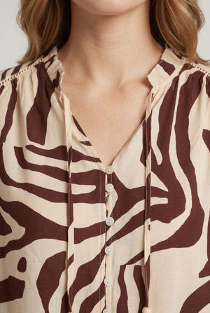 Beige | Abstract Long Sleeve Tie Neck Shirt
