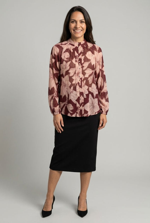 Burgundy | Floral Long Sleeve Collarless Shirt