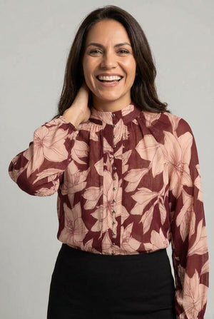 Red | Floral Long Sleeve Collarless Shirt