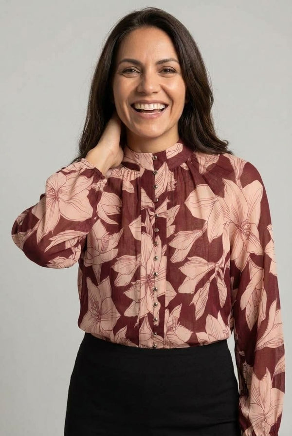 Burgundy | Floral Long Sleeve Collarless Shirt
