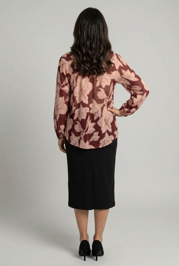 Burgundy | Floral Long Sleeve Collarless Shirt
