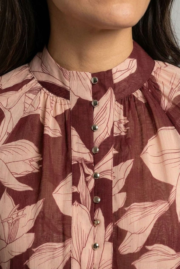 Burgundy | Floral Long Sleeve Collarless Shirt