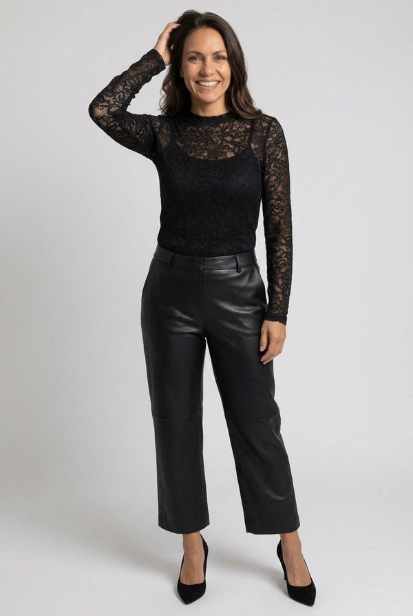 Black | Lace Trim Semi Sheer Long Sleeve Top