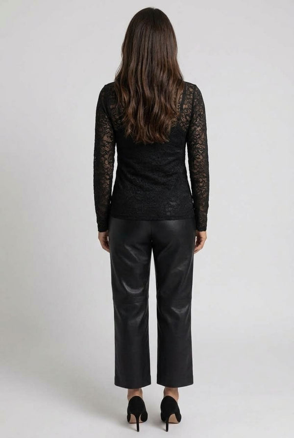 Black | Lace Trim Semi Sheer Long Sleeve Top