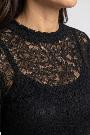 Black | Lace Trim Semi Sheer Long Sleeve Top