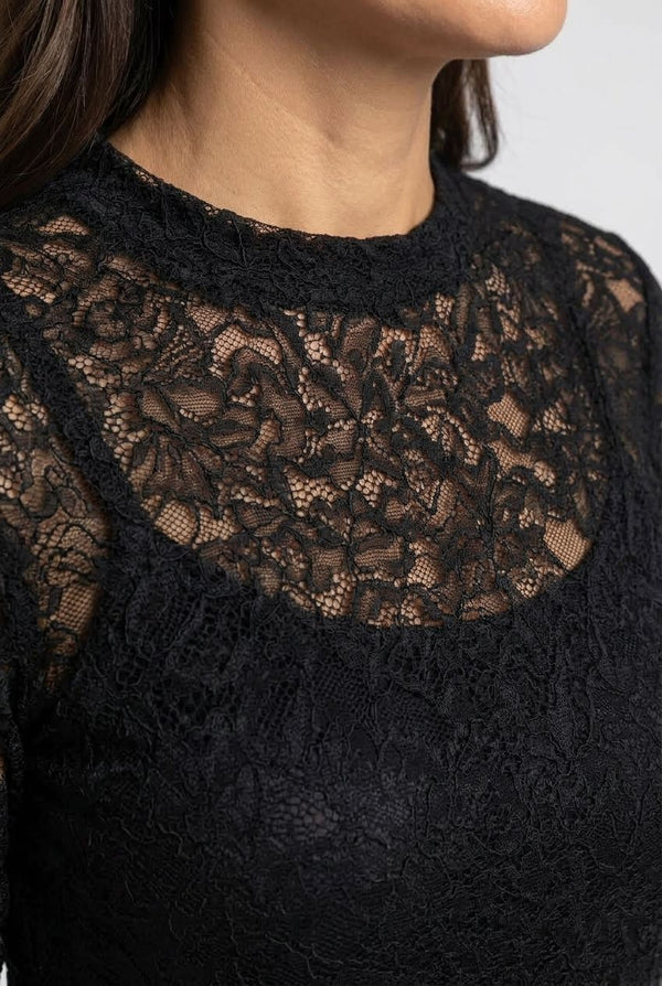 Black | Lace Trim Semi Sheer Long Sleeve Top