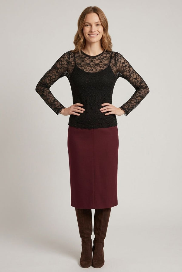 Black | Semi Sheer Mesh Long Sleeve Slim Top