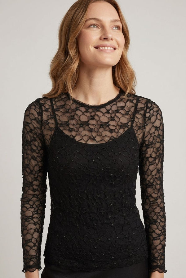 Black | Semi Sheer Mesh Long Sleeve Slim Top