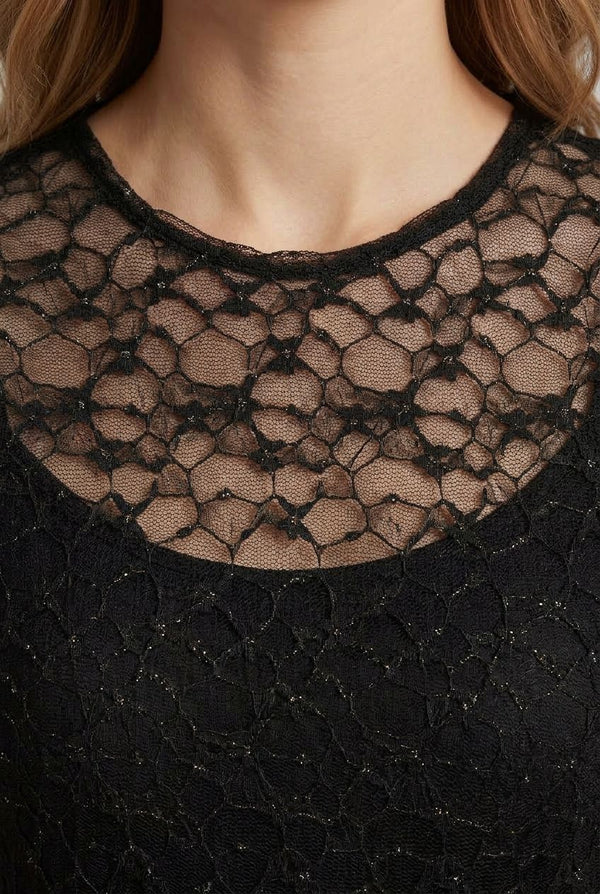 Black | Semi Sheer Mesh Long Sleeve Slim Top