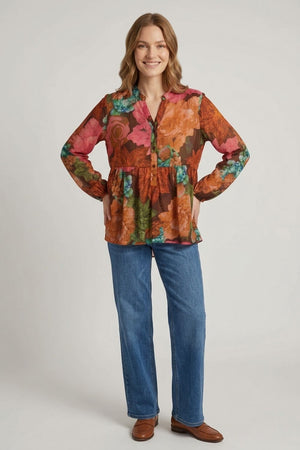 Brown | Floral Long Sleeve Relaxed V-Neck Blouse