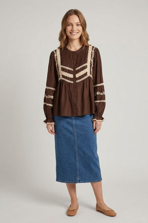 Brown | Lace Trim Long Sleeve Pleated Blouse : Model is 5'6