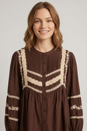 Brown | Lace Trim Long Sleeve Pleated Blouse