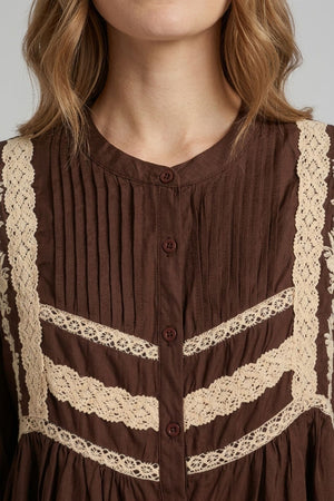 Brown | Lace Trim Long Sleeve Pleated Blouse
