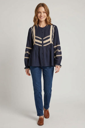 Navy | Lace Trim Long Sleeve Pleated Blouse : Model is 5'6