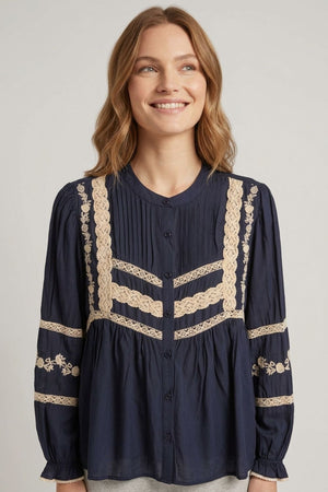 Navy | Lace Trim Long Sleeve Pleated Blouse