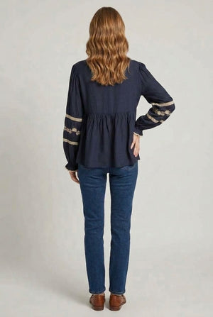 Navy | Lace Trim Long Sleeve Pleated Blouse