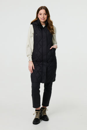 Black | Hooded Sleeveless Longline Puffer Gilet
