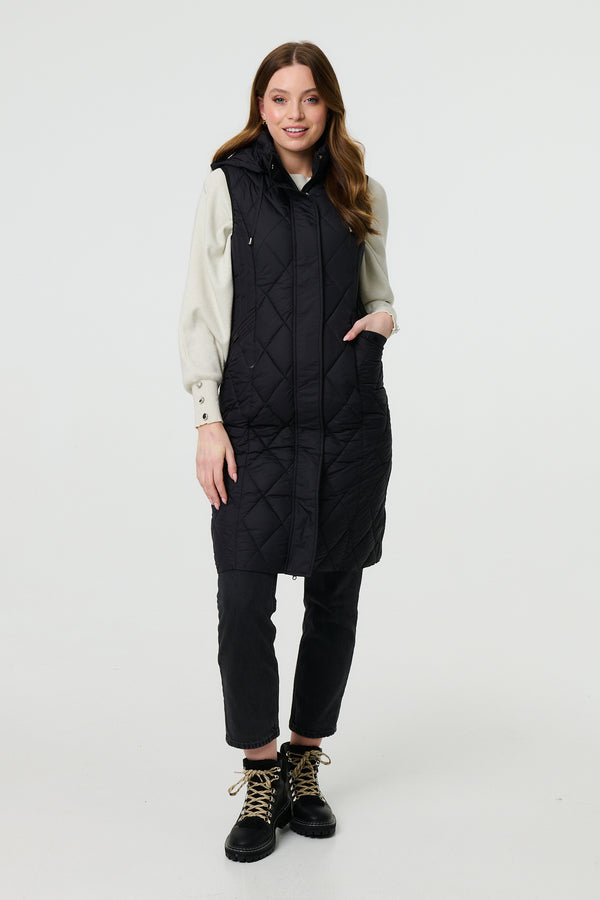 Black | Hooded Sleeveless Longline Puffer Gilet
