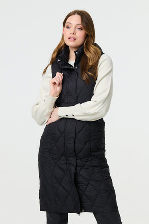 Black | Hooded Sleeveless Longline Puffer Gilet
