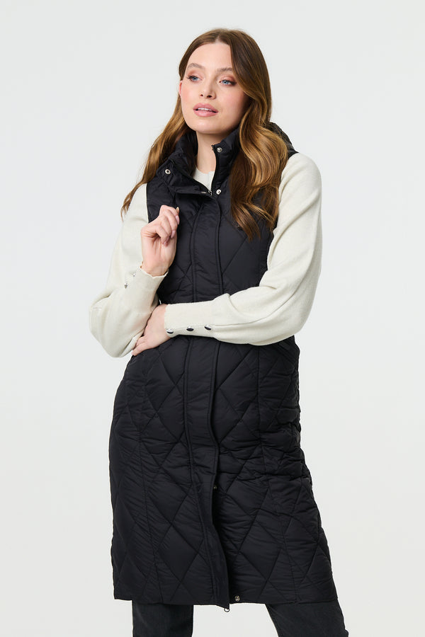 Black | Hooded Sleeveless Longline Puffer Gilet
