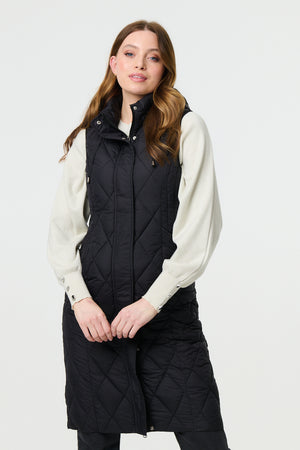 Black | Hooded Sleeveless Longline Puffer Gilet
