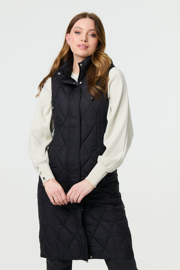 Black | Hooded Sleeveless Longline Puffer Gilet
