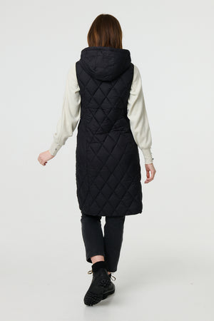 Black | Hooded Sleeveless Longline Puffer Gilet

