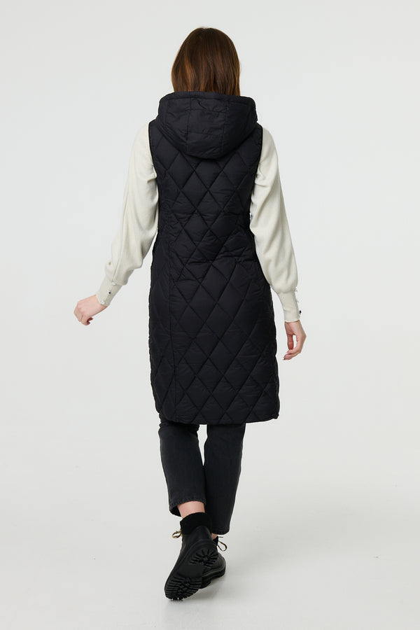 Black | Hooded Sleeveless Longline Puffer Gilet

