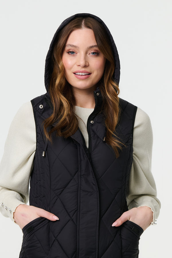 Black | Hooded Sleeveless Longline Puffer Gilet
