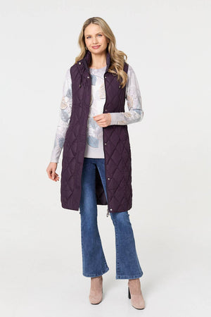 Purple | Hooded Sleeveless Longline Puffer Gilet
