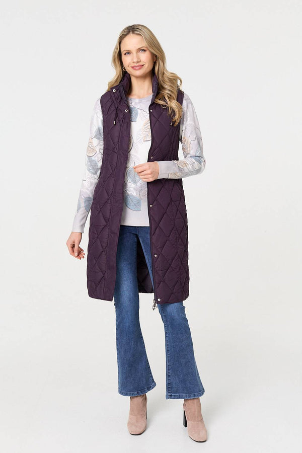 Purple | Hooded Sleeveless Longline Puffer Gilet
