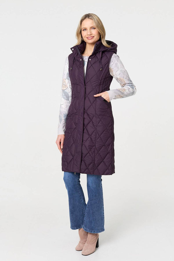 Purple | Hooded Sleeveless Longline Puffer Gilet
