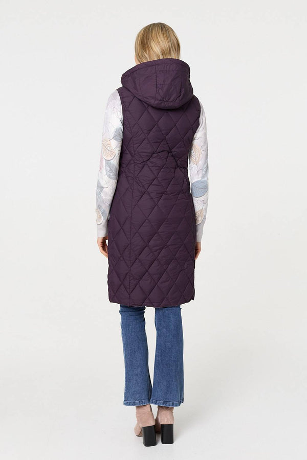 Purple | Hooded Sleeveless Longline Puffer Gilet
